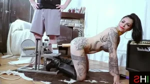 Beautiful tattooed milf fucked in the ass by a machine and then by a real cock